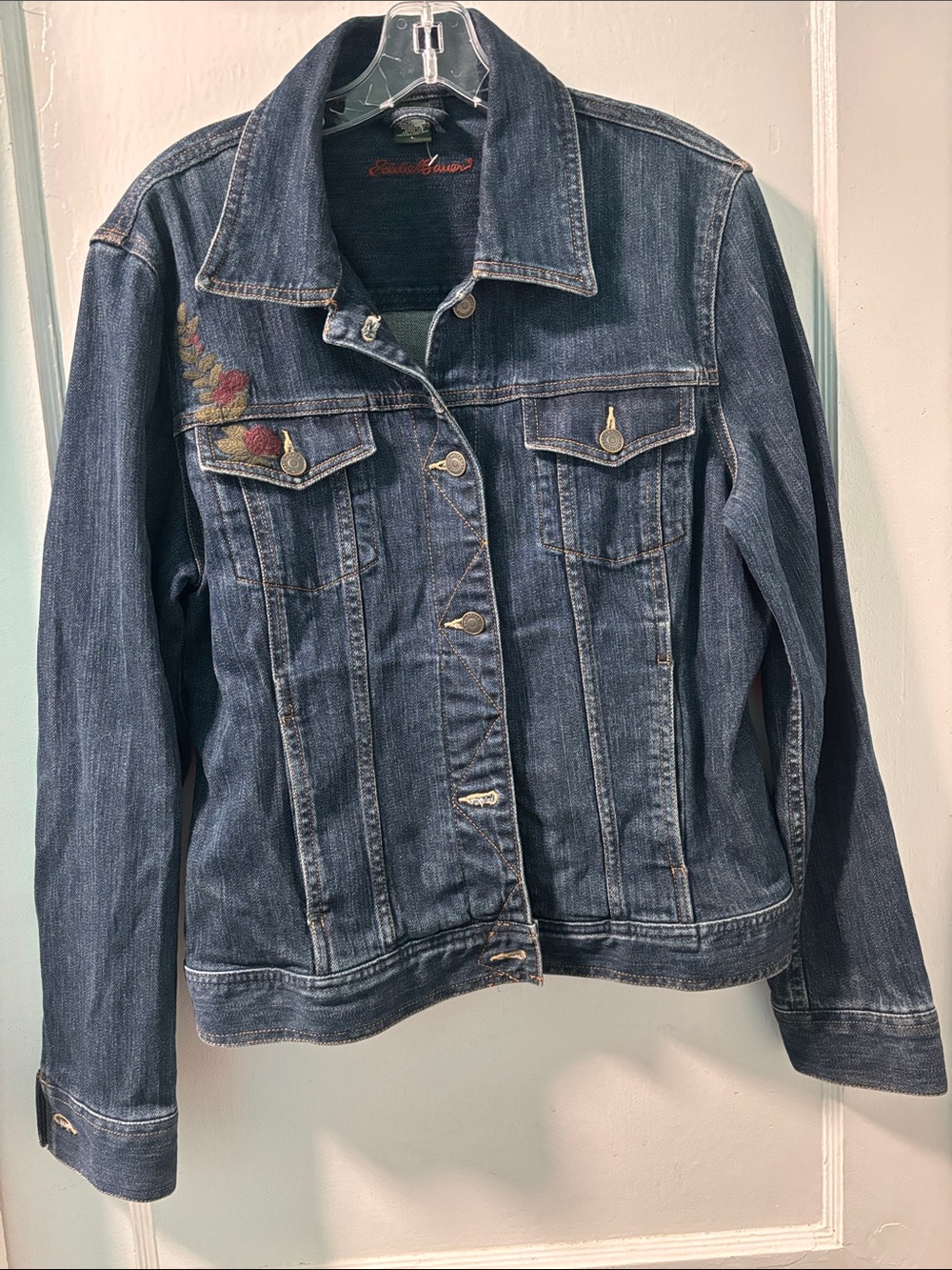 Eddie Bauer Indigo Denim Jacket with Floral Accent